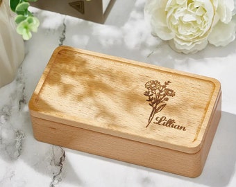Engraved Jewelry Box, Wooden Jewelry Box with name and birth flower, Custom Small Jewelry Box, Gift for Mom, Gift for Wife