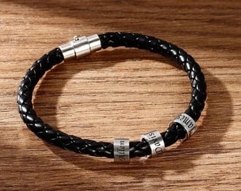 Pulsera con dijes para hombre, pulsera de cuero personalizada para hombre, pulsera de cuero con nombre personalizado, regalo de cuero personalizado para él, pulsera para hombre