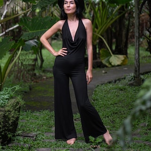 Black Boho Jumpsuit for Women | Backless Festival Jumpsuit | Wide-Leg Cowl Neck Romper | TENCEL™ One Piece | Ethically Made in Bali