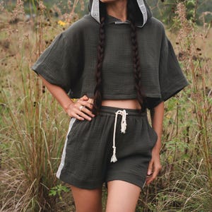 Bali Tribe Shorts – Charcoal Boho Cotton Drawstring Shorts | Tribal Trim Summer Bottoms | Relaxed Fit Festival Lounge Shorts