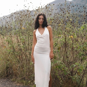 Ivory Xena Maxi Dress – Ethereal TENCEL™ Boho Gown with Backless Halter & Cascading Cowl Neck