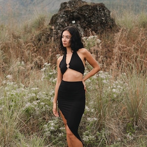 Black Venus Yoga Skirt | Ruched Natural Asymmetrical Midi | Boho Festival Skirt | Goddess Tribal Dance Wear | High Slit Waist Bohemian Skirt