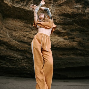 Brown Long Bali Tribe Pants, Boho Cotton Lounge Pants, Rust Wide Leg Trousers with Tribal Side Trim, Drawstring Waist Relaxed Fit Pants