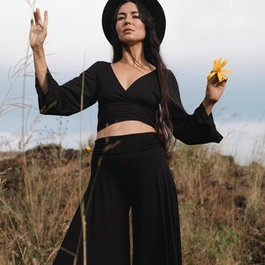 Boho Bell Sleeve Crop Top: EcoFlow™ Modal Wrap Blouse