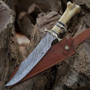 Handmade Damascus Steel Knife with Sheath | Camel Bone Handle | Outdoor Knife | Kitchen & Utility Tool | Groomsmen Gift Idea
