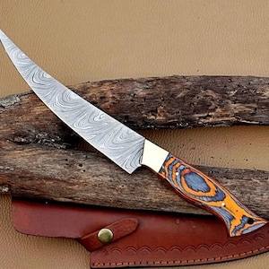 Handmade Damascus Steel Fillet Fishing knife with Brass Bolsters and pakka wood handle, and leather sheath. Gift for her, gift for Mom