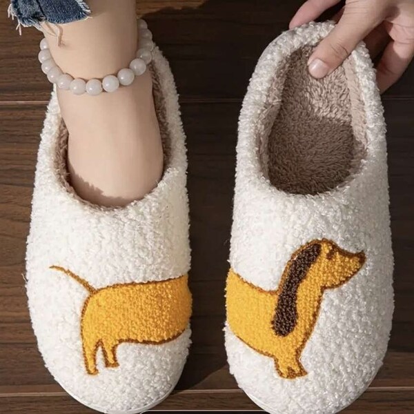 Cute Cartoon Dog Dachshund Pattern Slippers, Casual Slip On Plush Lined Shoes, Comfortable Indoor Home Slippers