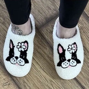 Cute Cartoon Dog Boston Terrier Pattern Slippers, Casual Slip On Plush Lined Shoes, Comfortable Indoor Home Slippers