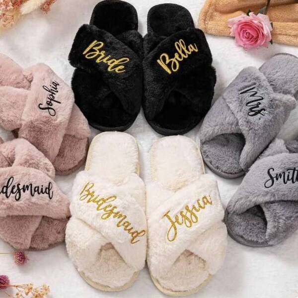 Custom Fluffy Slippers,Custom Bride Slippers,Fluffy Bridesmaid Slippers,Bride Slipper Personalized,Christmas party slippers,Fluffy Slippers