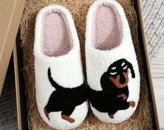 Pantoffels met schattige cartoonhond teckelpatroon, casual instapper met pluche gevoerde schoenen, comfortabele pantoffels voor binnen