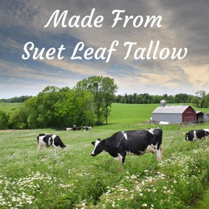 May include: A field with cows grazing in a green pasture with a red barn in the background. The sky is cloudy and the text "Made From Suet Leaf Tallow" is written across the top of the image.