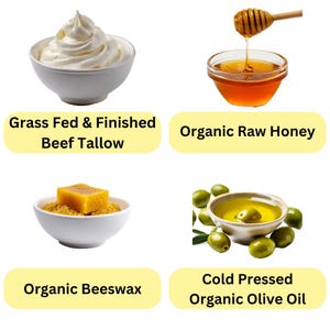 Pode incluir: Quatro tigelas brancas com diferentes ingredientes: sebo bovino alimentado com pasto e acabado, mel cru org&acirc;nico, cera de abelha org&acirc;nica e azeite de oliva org&acirc;nico prensado a frio.