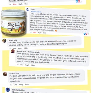 May include: A close-up of a jar of Tallow & Honey Balm, a natural skin care product. The jar is white with a brown lid and a label that says "Tallow & Honey Balm". The jar is sitting on a white surface. The product is made by Based Supplies.