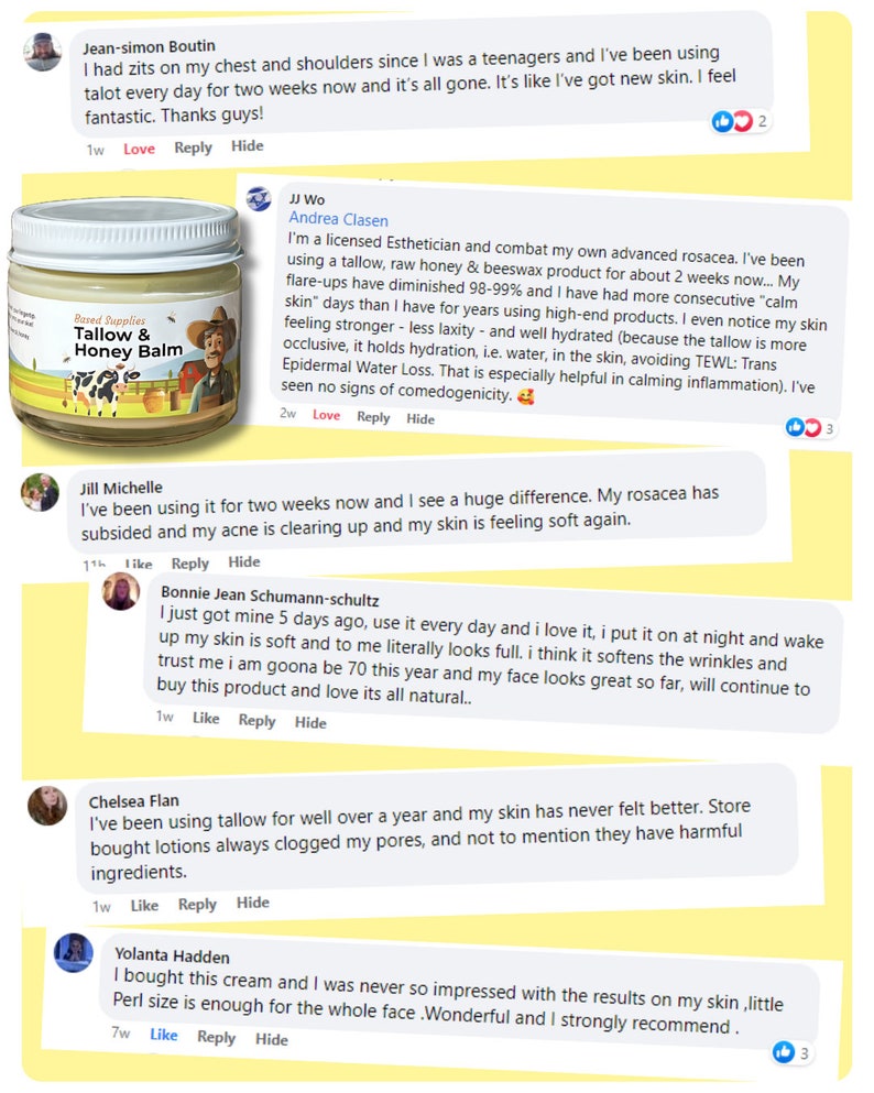 May include: A close-up of a jar of Tallow & Honey Balm, a natural skin care product. The jar is white with a brown lid and a label that says "Tallow & Honey Balm". The jar is sitting on a white surface. The product is made by Based Supplies.