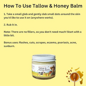 Pode incluir: Um frasco branco com uma tampa branca etiquetada como "Based Supplies Tallow & Honey Balm". O frasco est&aacute; sobre um fundo amarelo com uma vaca e um homem com uma camisa vermelha no r&oacute;tulo. H&aacute; am&ecirc;ndoas e mel no fundo.
