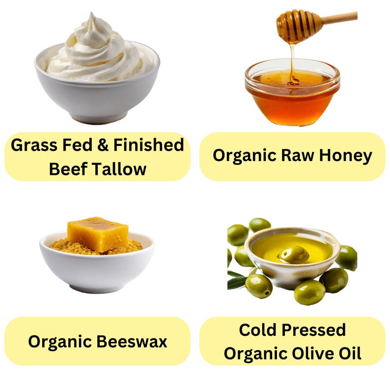 May include: Four white bowls with different ingredients: whipped grass-fed beef tallow, organic raw honey, organic beeswax, and cold-pressed organic olive oil.
