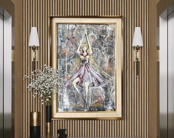 Dipinto ad olio per soggiorno, camera da letto, armadio. Arte della parete, cornice in stile art deco. Ritratto artistico della donna. "Ballerina" Katarzyna Rydz