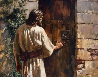 Jesus waits at the door waiting for the person to answer Digital Print