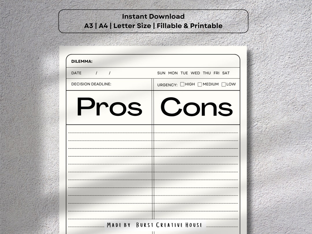 Pros &amp; Cons Printable Stationery Digital Navigate Your Choices With ...
