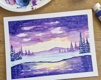 ORYGINAŁ: Fioletowa zimowa miłość I - Malarstwo akwarelowe JK.Arts