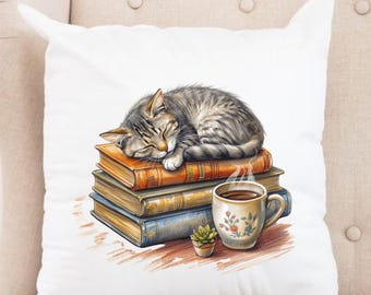 心地よい猫の図書館用枕カバー、猫好きのためのクッションカバー、本好きのためのもの