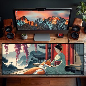 Japanese Shrine Fox Desk Mat: Zen Office Decor, Asian Gaming Pad