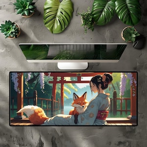 Japanese Shrine Fox Desk Mat: Zen Office Decor - Kitsune Keyboard Pad