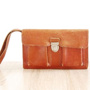 Vintage Handmade Wrist Bag for Man Tan Leather 70s Clutch Small Retro Man Handbag