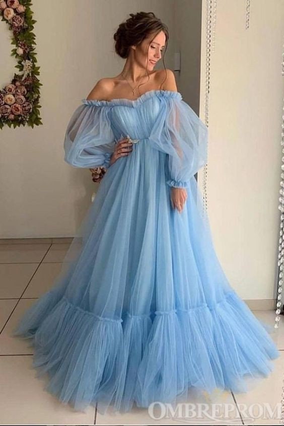 a-line princess long sleeves off-the-shoulder tulle beading floor-length dresses White Wedding Dress Long Sleeves 2026 Tulle Long A-line Glamlora