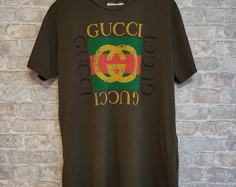 Pre-Owned Gucci T-Shirt XL | Authentic Luxury Green-Brown Tee with Large Logo | Designer Shirt