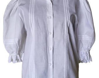 Vintage Austrian Lace Blouse | Retro Cotton Shirt, Puff Sleeves (Size 42)