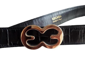 Vintage ESCADA Leather Belt Gold Logo Buckle | 90s Designer Waist Belt Brown Leather Old Money Style