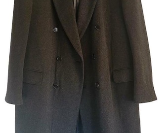 Vintage 80-tals ullkappa herr XL dubbelknäppt överrock svart grå klassisk lång kappa minimalistisk herrkläder