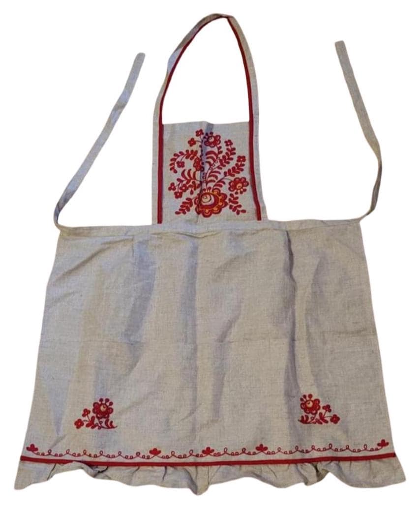 Vintage 1980s Ukrainian Linen Apron – Red Floral Embroidery Folk