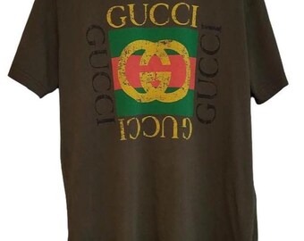 Pre-Owned Gucci T-Shirt XL | Authentic Luxury Green-Brown Tee with Large Logo | Designer Shirt