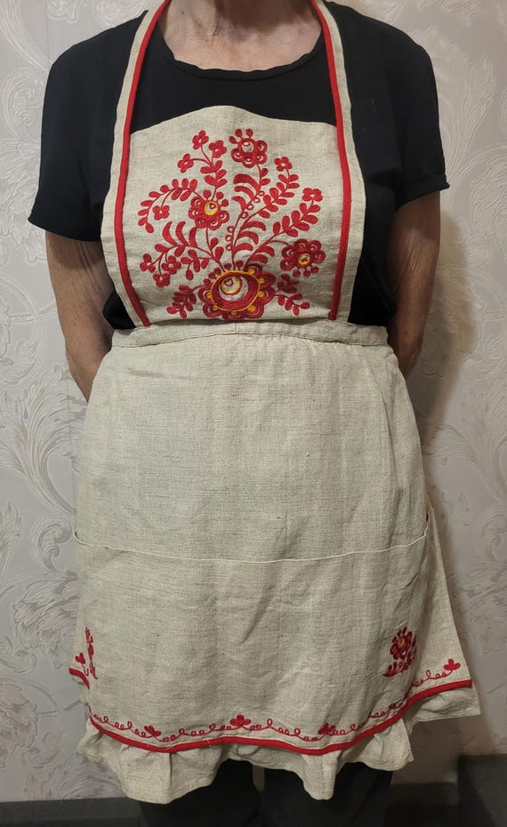 Soviet Vintage Handmade Embroidered Linen Apron From the USSR