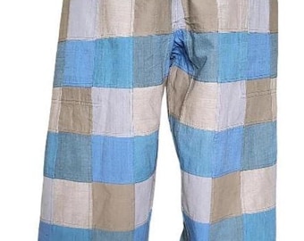 Vintage Cotton Patchwork Pants XL: Lace-Up, Plaid Pockets