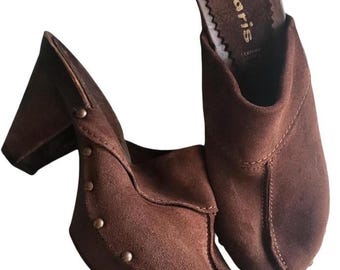 Vintage Tamaris Brown Leather Clogs | Platform Slip On Mules (EU 38)