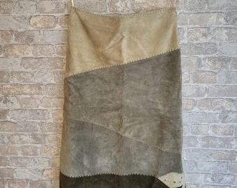 Vintage suède patchwork midirok | Boho aardetinten bloemendetail VK 14