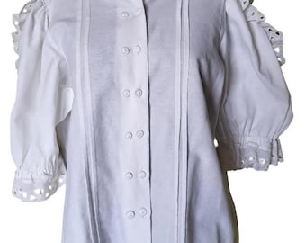 Vintage Austrian Lace Blouse | Retro White Cotton Puff Sleeve Shirt, Size 42