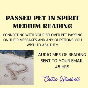 Może przedstawiać: Obraz z tekstem: "PASSED PET IN SPIRIT MEDIUM READING" i "CONNECTING WITH YOUR BELOVED PET PASSING ON THEIR MESSAGES AND ANY QUESTIONS YOU WISH TO ASK THEM." Zawiera serce narysowane na piasku i ślady łap. "AUDIO MP3 OF READING SENT TO YOUR EMAIL 48 HRS."