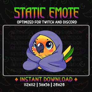 Puede incluir: Una ilustración de dibujos animados de un pájaro amarillo y naranja que lleva una manta con capucha morada. El pájaro está mirando hacia la derecha. El texto "STATIC EMOTE" está por encima del pájaro. El texto "OPTIMIZED FOR TWITCH AND DISCORD" está debajo del pájaro. El texto "INSTANT DOWNLOAD" está debajo del pájaro. El texto "112x112 | 56x56 | 28x28" está debajo del texto "INSTANT DOWNLOAD".