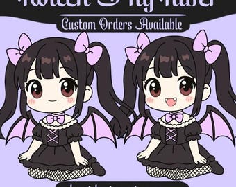 Könnte beinhalten: Illustration von zwei Anime-Charakteren mit schwarzen Haaren, rosa Schleifen und Fledermausflügeln. Sie tragen schwarze Kleider mit rosa Akzenten. Der Text lautet "Twitch PngTuber" und "Custom Orders Available" mit einer Website-Adresse.