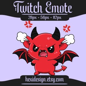 May include: A cartoon devil Twitch Emote with a red body, black horns, and wings. The devil has an angry expression with steam coming from its ears. The image includes the text "Twitch Emote" and "hexidesign.etsy.com".