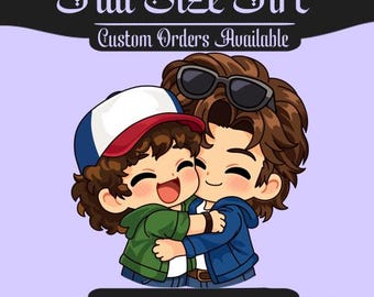 Lindo abrazo de mejores amigos de los 80 ARTE DE TAMAÑO COMPLETO / Arte Chibi inspirado en la televisión retro / Inspirado en Dustin Steve