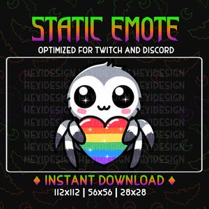 Könnte beinhalten: Digitalgrafik einer niedlichen Spinne, die ein Regenbogenherz hält. Der Text "STATIC EMOTE" und "OPTIMIERT FÜR TWITCH UND DISCORD" sind enthalten. Sofortiger Download in drei Größen verfügbar: 112x112, 56x56 und 28x28 Pixel.