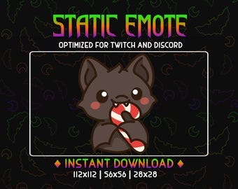 Könnte beinhalten: Digitalgrafik einer Cartoon-Fledermaus mit einer Zuckerstange im Mund, vor einem schwarzen Hintergrund mit Fledermaus- und Mondsilhouetten. Die Fledermaus ist braun mit rosa Wangen. Text: "STATIC EMOTE" und "SOFORT-DOWNLOAD".