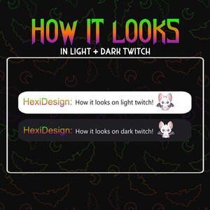 Puede incluir: Un gr&aacute;fico que muestra c&oacute;mo se ve una superposici&oacute;n de Twitch con un dise&ntilde;o de murci&eacute;lago en modo claro y oscuro. El texto dice "HexiDesign: &iexcl;C&oacute;mo se ve en Twitch claro!" y "HexiDesign: &iexcl;C&oacute;mo se ve en Twitch oscuro!"