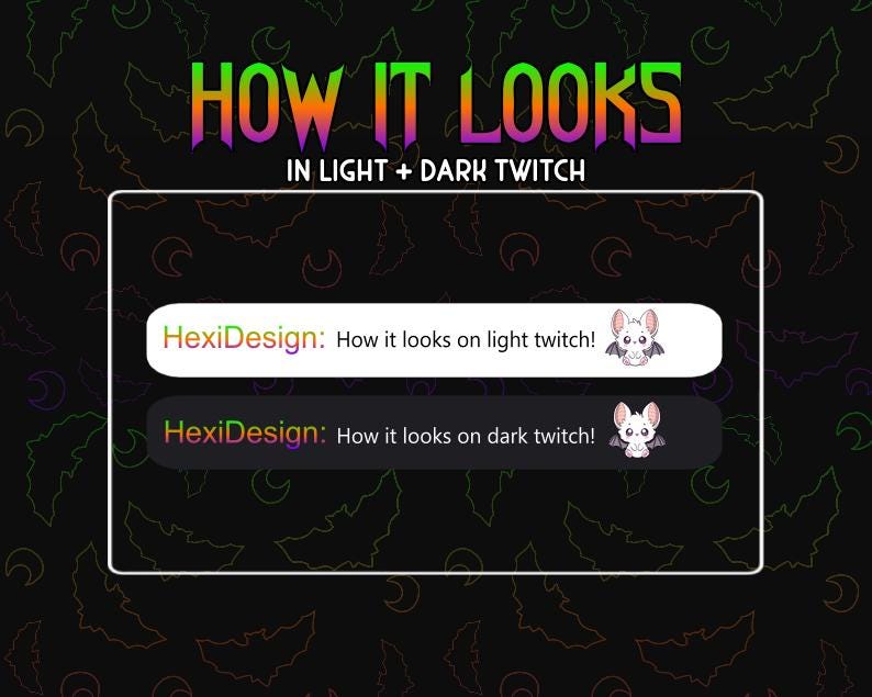 Puede incluir: Un gr&aacute;fico que muestra c&oacute;mo se ve una superposici&oacute;n de Twitch con un dise&ntilde;o de murci&eacute;lago en modo claro y oscuro. El texto dice "HexiDesign: &iexcl;C&oacute;mo se ve en Twitch claro!" y "HexiDesign: &iexcl;C&oacute;mo se ve en Twitch oscuro!"
