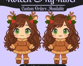 Könnte beinhalten: Zwei Zeichentrickfiguren mit braunem Haar, grünen Augen und Rentiergeweih, die braune Outfits mit Fellbesatz tragen. Das Bild enthält den Text "Twitch PngTuber" und "Custom Orders Available" sowie die Etsy-Shop-URL.